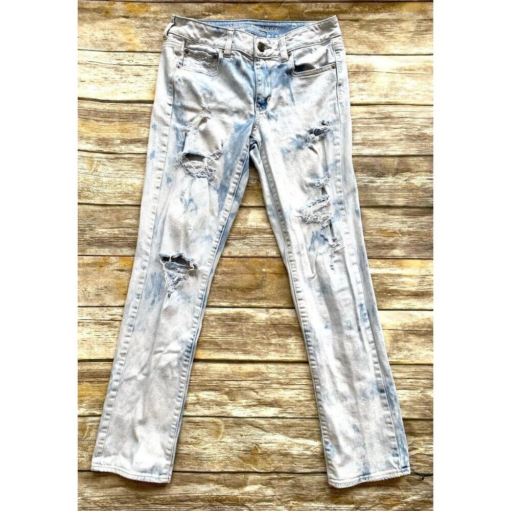 American Eagle Womens Blue Jean Tie Dye Distressed Straight Stretch Jeans Size 6